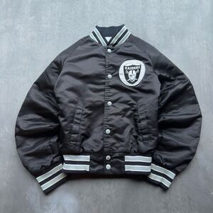 Vintage 90s Oakland Raiders NFL Satin Chalkline Bomber Jacket Youth Large Black